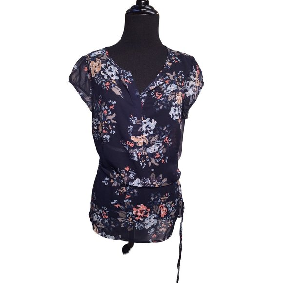A New Approach (a.n.a.) Womens Blouse Blue awith Floral Print - Size PM Petite M - Picture 5 of 8